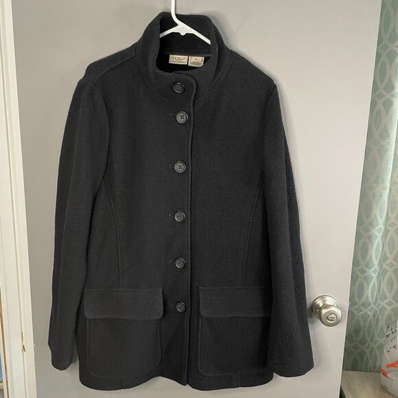 LL Bean Womens L Long Sleeve Button Front Black Wool Jacket Coat - Picture 1 of 6